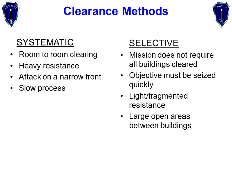 Clearance Methods   SYSTEMATIC Room to room clearing Heavy resistance Attack on a